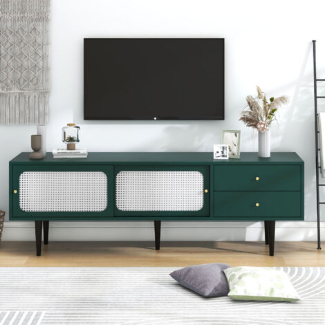 Mobile TV con Ante Scorrevoli in Rattan Bianco, Verde