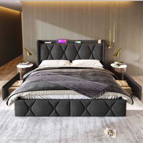Brinlawb Letto Imbottito 180x200 Cm, Struttura Letto Con Luce LED E Stazione Di Ricarica 2 Prese Ca 2 Porte Usb Letto Matrimoniale Con Testiera E Pediera Facile Da Montare Moderno Nero E Grigio