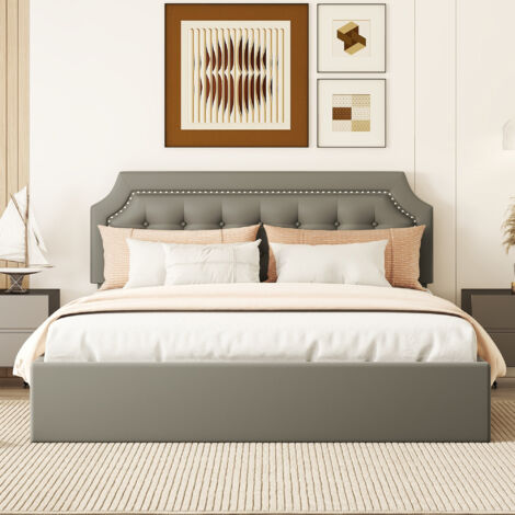 Letto Contenitore Matrimoniale Imbottito - 160 X 200 Cm - Con Letto Estraibile E 2 Cassetti Comodino Illuminato Lino Grigio