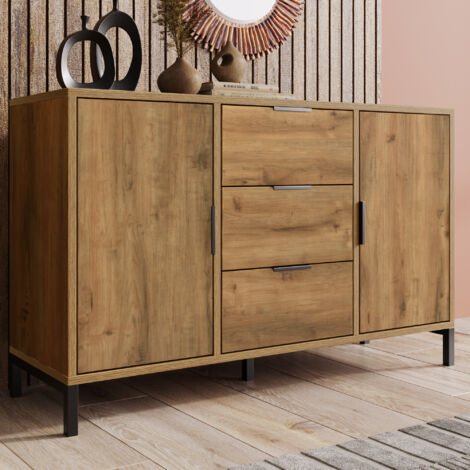 Cassettiera con 2 ante e 3 cassetti, 120 x 40 x 76 cm in rovere scuro, ripiano regolabile, credenza alta per camere da letto e tutti i soggiorni