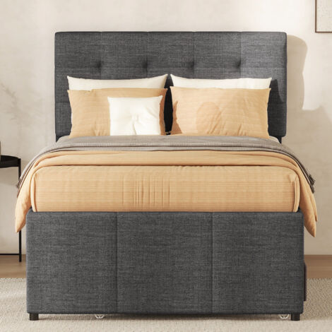 Letto Matrimoniale Imbottito Con Letto Estraibile E 3 Cassetti - Testiera Regolabile, Struttura In Lino E MDF, Beige, 140x200cm (Senza Materasso)