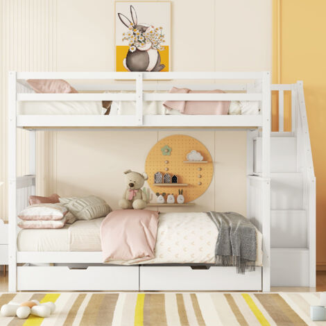 Letto a castello, ripiano per scale, dotato di due cassetti, ringhiera alta, 140200 cm, bianco