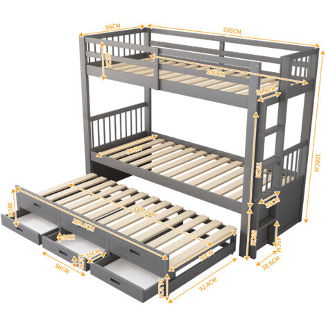 Letto A Castello 90x200 Cm Con Letto Estraibile E 3 Cassetti – In Pino E MDF, Grigio, Per Bambini