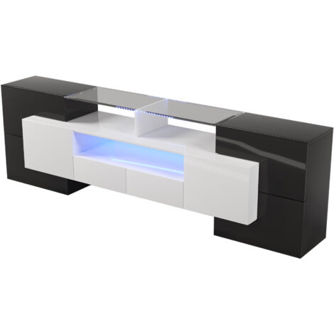 Elegante mobile TV, pannello basso. Mobile soggiorno da 200 cm con illuminazione a LED bianco lucido e nero. Design moderno. Superficie in vetro elegante (1/5)