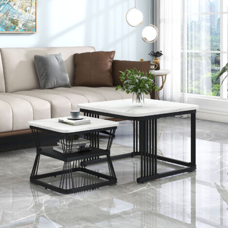Set Di 2 Tavolini Da Caffè Quadrati, Stile Marmo, Con Struttura In Metallo, Impilabili, Per Soggiorno E Balcone, Colore Nero