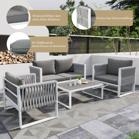 Salotto Da Giardino Salottino in Rattan Set Mobili 4 Posti Tavolino Ripiano In Vetro Divano 2 Posti 2 Poltrone Terrazzo Piscina Balcone Cuscini Grigio | Leroy Merlin