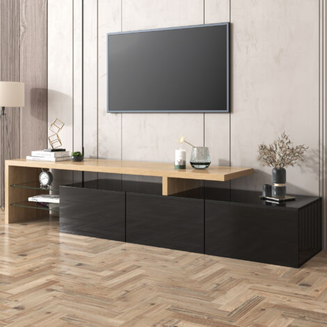 Mobile TV dal design moderno: eleganza elegante, pratico spazio di archiviazione, nero lucido, aspetto legno, ripiani in vetro, illuminazione a LED. (1/5)
