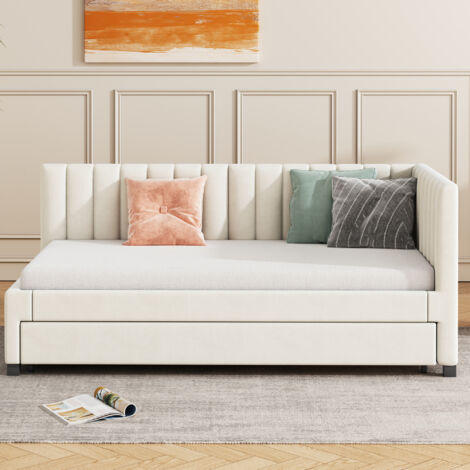 Letto imbottito 90×200, divano letto estraibile, letto multifunzione con rete a doghe, lettino ragazzi, lettini per bambini, letti aggiuntivi, tessuto in velluto beige