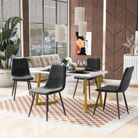 Set tavolo da pranzo e sedie (1+4), tavolo da pranzo con gambe dorate e 4 sedie da pranzo in velluto nero, set tavolo da pranzo moderno e sedie