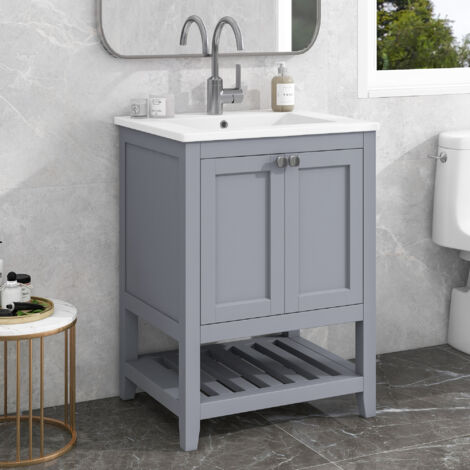 Mobile bagno lavabo singolo con base da 60 cm con lavabo in ceramica, grigio chiaro (1/5)