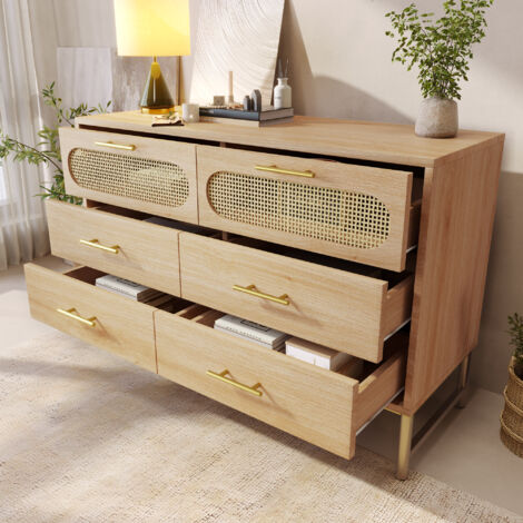 Cassettiera in rattan con 6 cassetti, cassettiera, toletta, per soggiorno e camera da letto, maniglie in metallo, antiribaltamento, 120 x 40 x 74 cm, rovere Sonoma