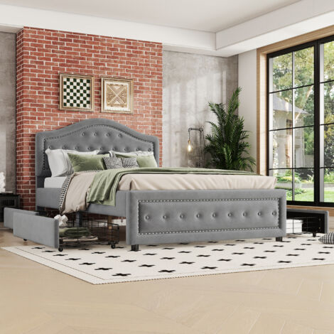 Letto Matrimoniale Imbottito 140x200 Con 4 Cassetti E Porte USB - Moimhear Grigio - 4