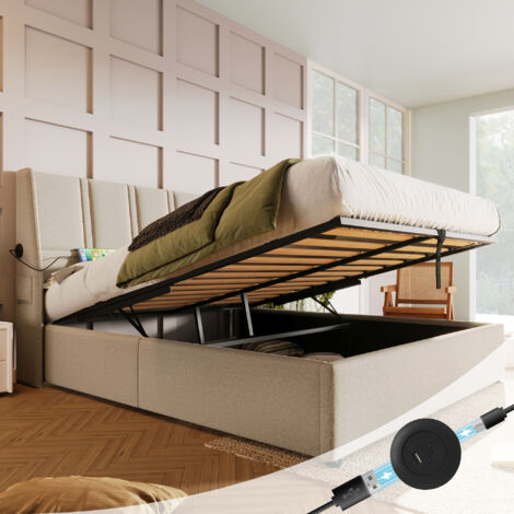 Wuudi Letto imbottito idraulico, letto matrimoniale 160 x 200 cm, rete a doghe in legno, letto con rete a doghe in metallo, lino, beige (con materasso