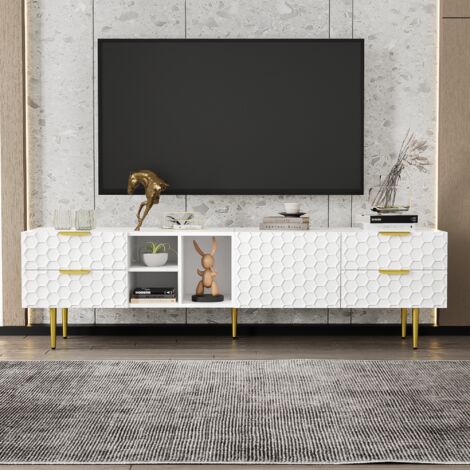 Mobile TV Moderno Con Ante Strutturate E Maniglie Dorate - 170x40x45.5cm | Nero/Grigio Con Piedini Oro - Foto 11