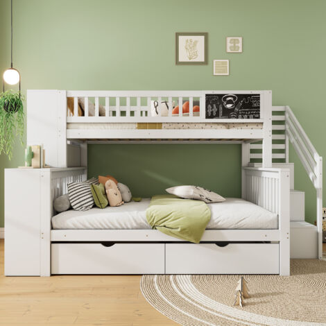 Letto A Castello In Legno Massello Per Bambini 90x200 Cm - Multifunzionale Con Scala, Recinzione Alta, Piccola Porta, Bianco - 3