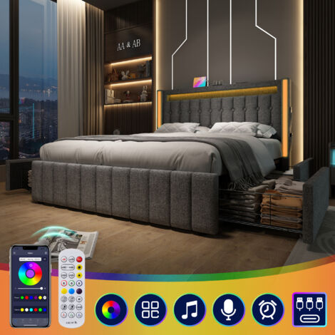 Letto Imbottito 140x200 Cm Con USB E LED - Letto Matrimoniale Con Testiera Funzionale E Contenitore