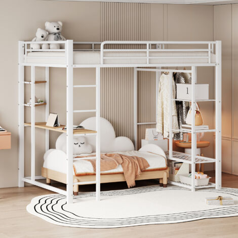 Letto a soppalco in metallo con scaletta 140200 cm, letto junior letto matrimoniale con tavolo con appendiabiti singoli con vani portaoggetti, bianco (1/5)