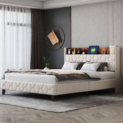 Letto Imbottito 160 X 200 Cm Con Testiera - Presa USB E LED - Tessuto Lino - Beige  Senza Materasso 93106645
