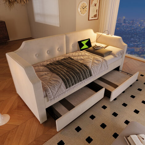 Lettino Imbottito 90x200 Cm, Divano Letto Con Luce Di Lettura E Ricarica Usb C Beige
