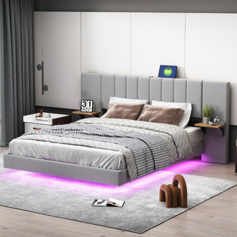 Letto Matrimoniale Imbottito 140x200cm con Contenitore, Testiera Multimediale USB/Type-C e LED, Rete a Doghe, Grigio, Lino, Materasso Incluso. | Leroy Merlin