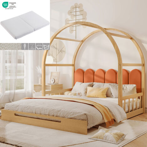 (Con materasso) Letto a baldacchino ad arco allungabile, letto scorrevole, lettino per bambini, divano letto, letto matrimoniale, cuscini in velluto, struttura in legno di pino, naturale e arancione (
