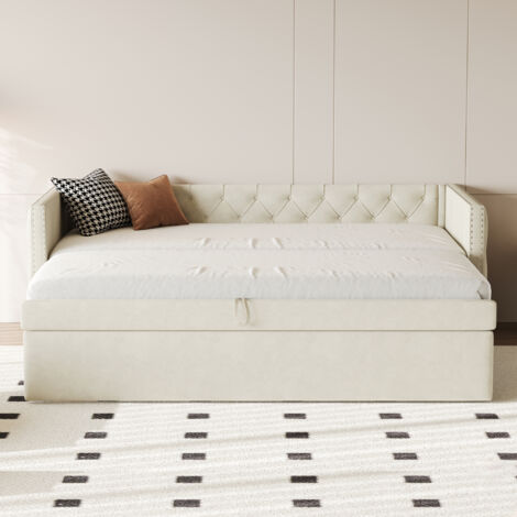Letto Imbottito 90x200 Cm Con Rete A Doghe – Divano Letto In Velluto Beige – Senza Materasso - 3
