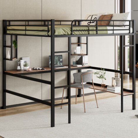 Letto in metallo con giroletto 140x200cm, letto in ferro con scrivania, letto a soppalco con quattro piccoli ripiani e una grande libreria per bambini, ragazzi e adulti, nero