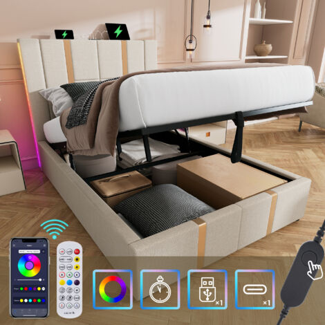 Letto imbottito Funzione di ricarica USB tipo C Controllo APP Letto singolo LED 90×200 letti con contenitore struttura letto, rete a doghe in legno, materiale lino beige (senza materasso) (1/5)