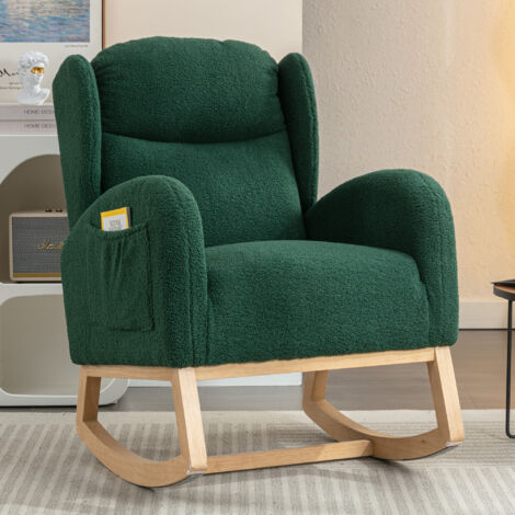 049 Sedia a dondolo moderna rivestita in tessuto Teddy con seduta imbottita per soggiorno camera da letto Verde (1/5)