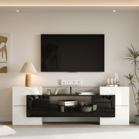 Elegante mobile TV, pannello basso. Illuminazione a LED bianca e nera lucida da 200 cm per mobili da soggiorno dal design moderno. Elegante superficie in vetro. (1/5)