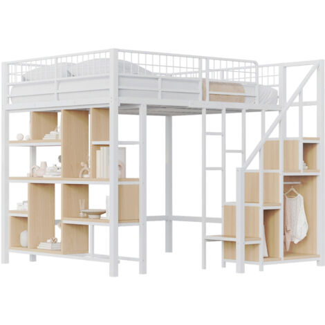 Lettino A Soppalco 90x200 Cm Con Scivolo, Armadi E Scaffale - Legno Massello Bianco, Per Cameretta