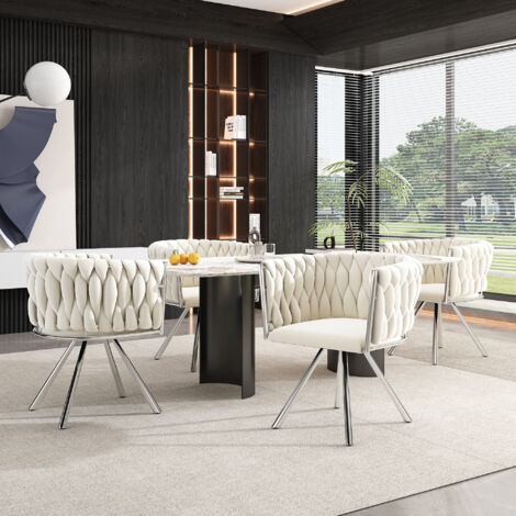 Set di 4 sedie da pranzo in velluto, sedia girevole di lusso per soggiorno, camera da letto, sedia girevole per il tempo libero con quattro gambe di supporto in metallo, beige + argento (1/5)