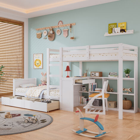 Letto A Castello A Forma Di Casa Per Bambini, 140x200 Cm, In Legno Di Pino E MDF, Bianco, Con Sponde E Rete A Doghe, Capacità 200 Kg (Materasso Non Incluso)