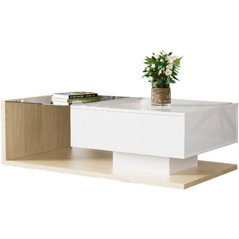 Tavolino in combinazione di colori bianco lucido e legno, Tavolini laterali, tavolini con vetro e effetto LED