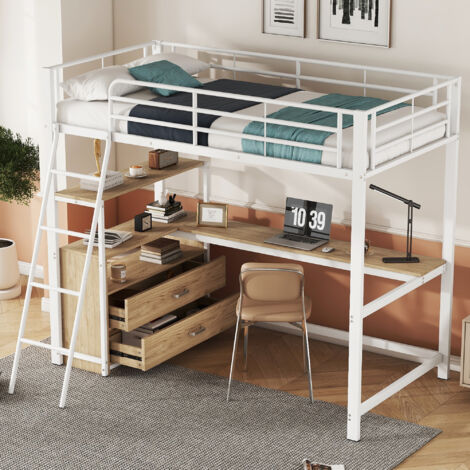 Letto A Soppalco Con Scrivania E 3 Cassetti - 140x200 Cm, Bianco, Senza Materasso, Per Camera Bambini/Ragazzi