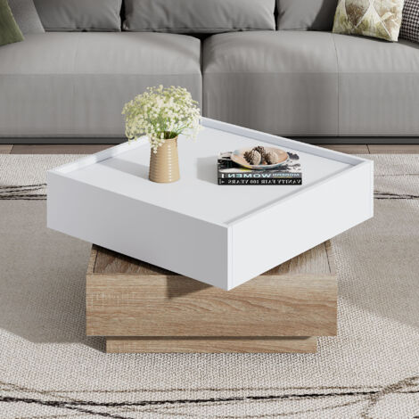 Tavolino Funzionale, Tavolo da Soggiorno, Piano Girevole a 360° con 2 Ripiani e Contenitore, Tavolino con Struttura in Noce per Soggiorno, Bianco, 606038 cm