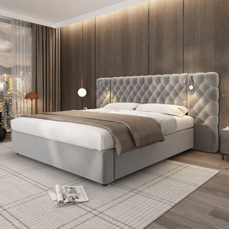 Letto imbottito idraulico 160x200cm testiera orecchie contenitore grigio tessuto imbottito (Senza materasso) | Leroy Merlin