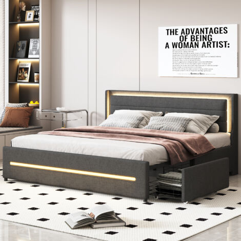 Letto Matrimoniale Con Testiera Imbottita E LED - 160x200cm, Ecopelle, Cassetti E Vani - Foto 10