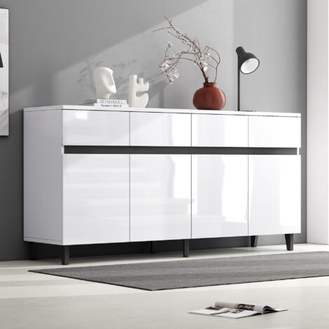Credenza Bianca Lucida 140x40x80 Cm - 4 Ante, Maniglie E Gambe In Metallo, Design Geometrico