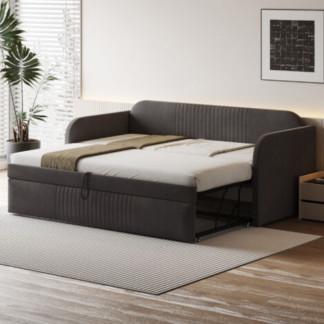 Vente-unique Letto Singolo Con Letto Estraibile LOUISE | 2 X 90x190 Cm | Imbottito Capitonné In Tessuto Blu | Struttura In Legno | Eco-Sostenibile PEFC