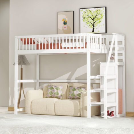 Letto soppalcato 90x200 con scaletta, lettino per bambini in legno bianco con ripiano portaoggetti, armadio semplice