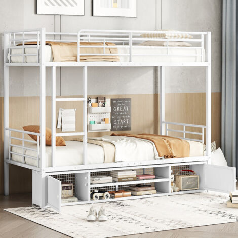 Letto con struttura in ferro, letto a castello, scarpiera aperta, piccolo mobiletto portaoggetti a doppia anta, adatto a bambini e adolescenti, letto per bambini con scaletta laterale, con griglia ant (1/5)