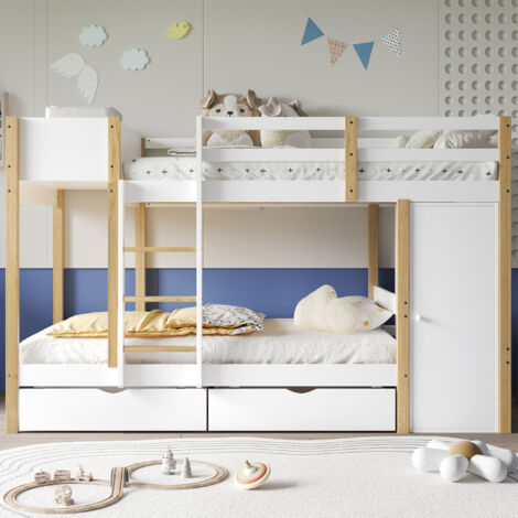 Letto a castello, letto per bambini, con scaletta a tre gradini, 2 armadietti, due cassetti su ruote, pino+MDF, bianco+naturale, 90x200cm