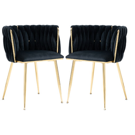 Set Di 2 Sedie Da Pranzo In Velluto Nero Con Gambe Metallo Dorato – Design Moderno, Imbottite, Portata 115 Kg