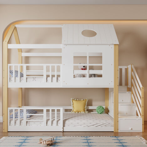 Letto a castello con scala contenitore, letto a casetta, letto per bambini, con griglia di protezione anticaduta, con finestra e tetto, pino+MDF, bianco+naturale, 90x200cm