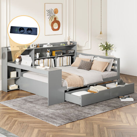 Letto estraibile 140x200 cm in legno grigio con vano contenitore, porta USB e 2 cassetti, multifunzionale, per soggiorno e camera da letto(Senza materasso)