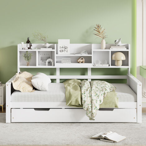 Divano letto 90x200cm Legno bianco contenitore rete a doghe multifunzionale soggiorno camera(Senza materasso) (1/5)