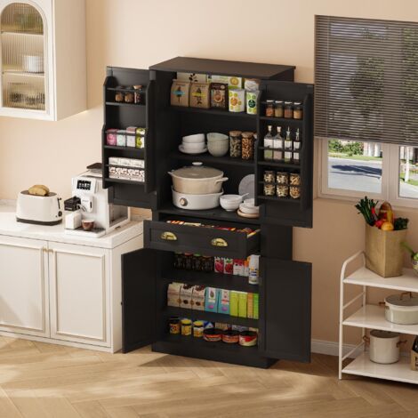 Credenza Cucina 80x40x182 cm in MDF Nero, 4 Ante e 4 Ripiani Regolabili, Multiuso per Sala da Pranzo, Cucina, Soggiorno e Ingresso