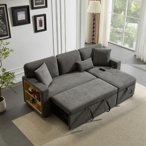 Divano letto angolare, 3 posti, pouf reversibile con ripiani, tessuto in velluto, 214x131x87cm, grigio scuro