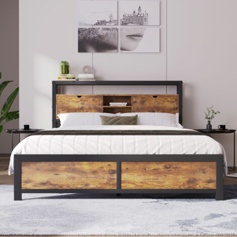 Letto King Size In Metallo Con Testiera In Legno E Contenitore - Struttura Con Doghe, 150x200 Cm, Fino A 400 Kg, Nero
